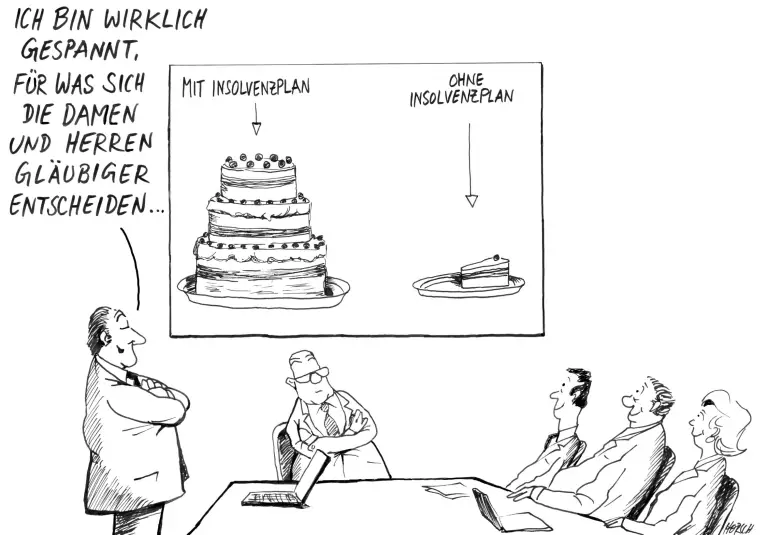 Karrikatur zur Glaubigerversammlung: Ein Berater zeigt humorvoll die Vorteile eines Insolvenzplans anhand von Kuchenstücken